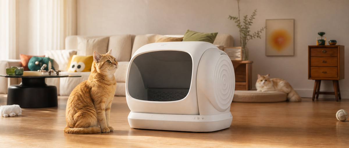 リビングに置かれたUBPET C41全自動猫トイレと猫