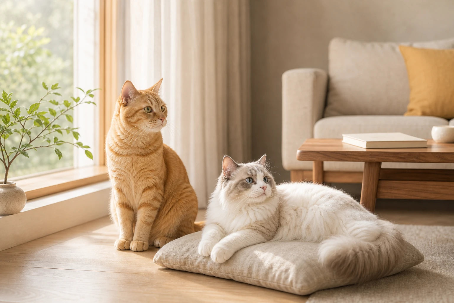 穏やかな室内でくつろぐ二匹の猫